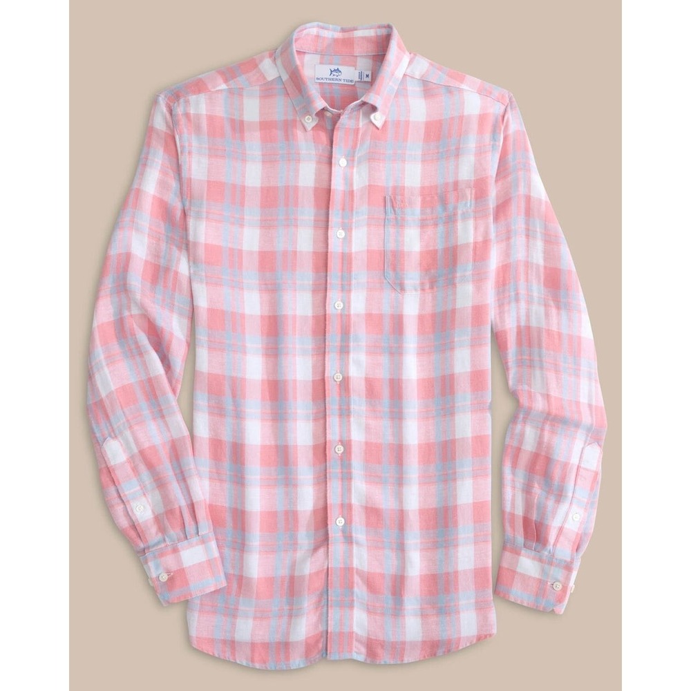 Southern Tide Mens XL Pink Blue Plaid Hemp Blend Long Sleeve Button Down Shirt 1